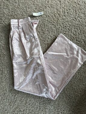 Shimmery Light Pink Satin Wide-Leg Pants